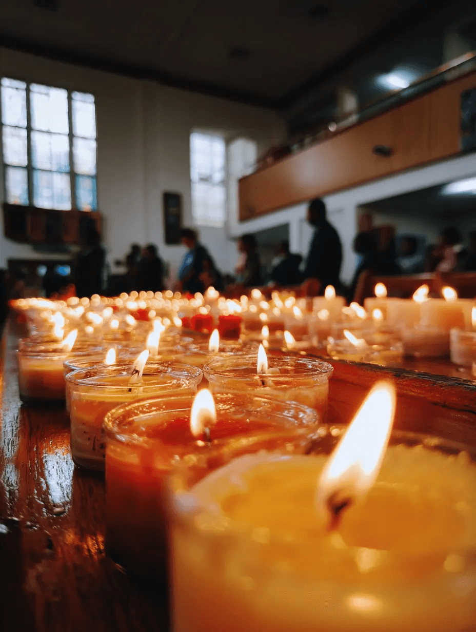 Rows of lit prayer candles in glass holders