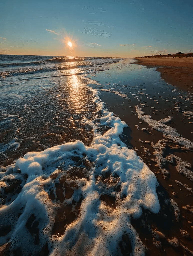 Sunset over waves rolling onto a beach