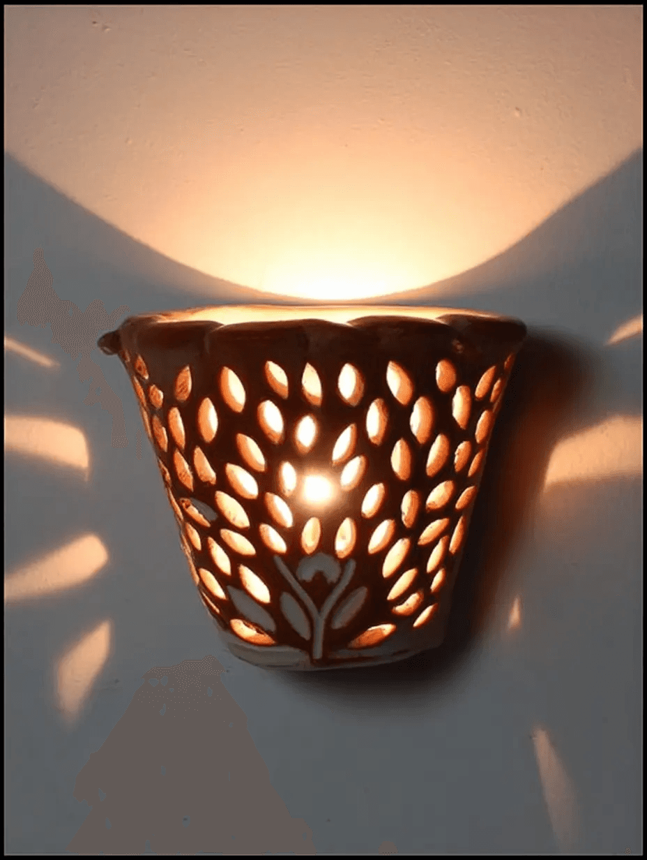 Glowing clay lantern with leaf-shaped cut-outs