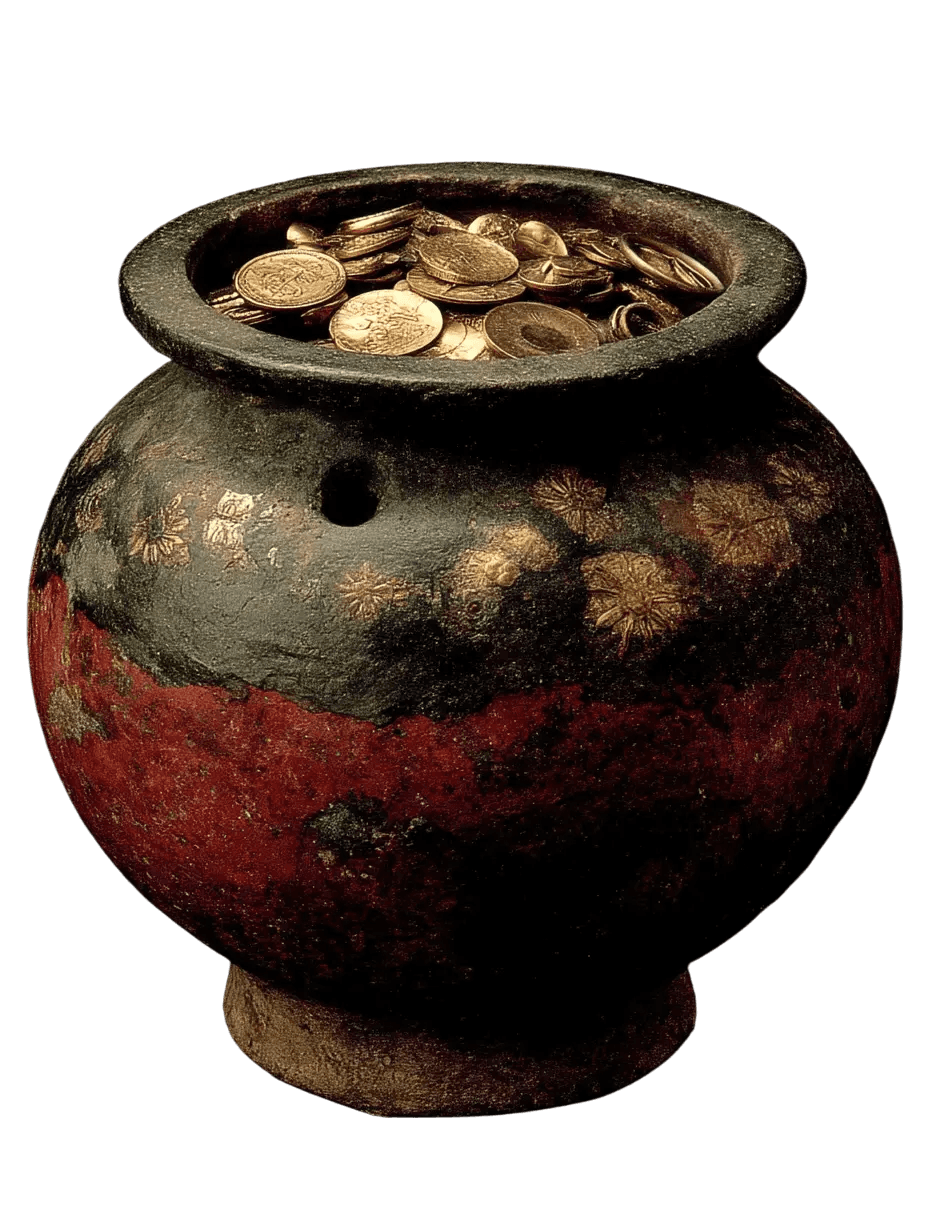 Ancient clay vessel filled with gold coins